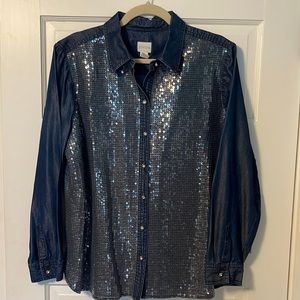 Chicos Size 2 Denim blouse with sequin front.